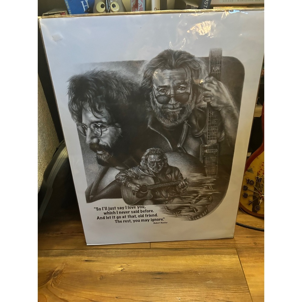 VTG Rare Jerry Garcia Grateful Dead Art Print 18x24 BlackWhite Robert Hunter NEW